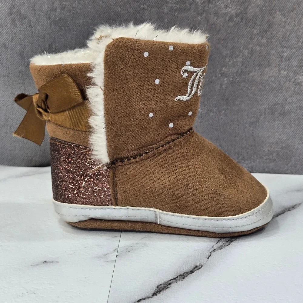 Juicy Couture Burbank Baby Boots 2M Brown Faux Suede Glitter Bow Shearling